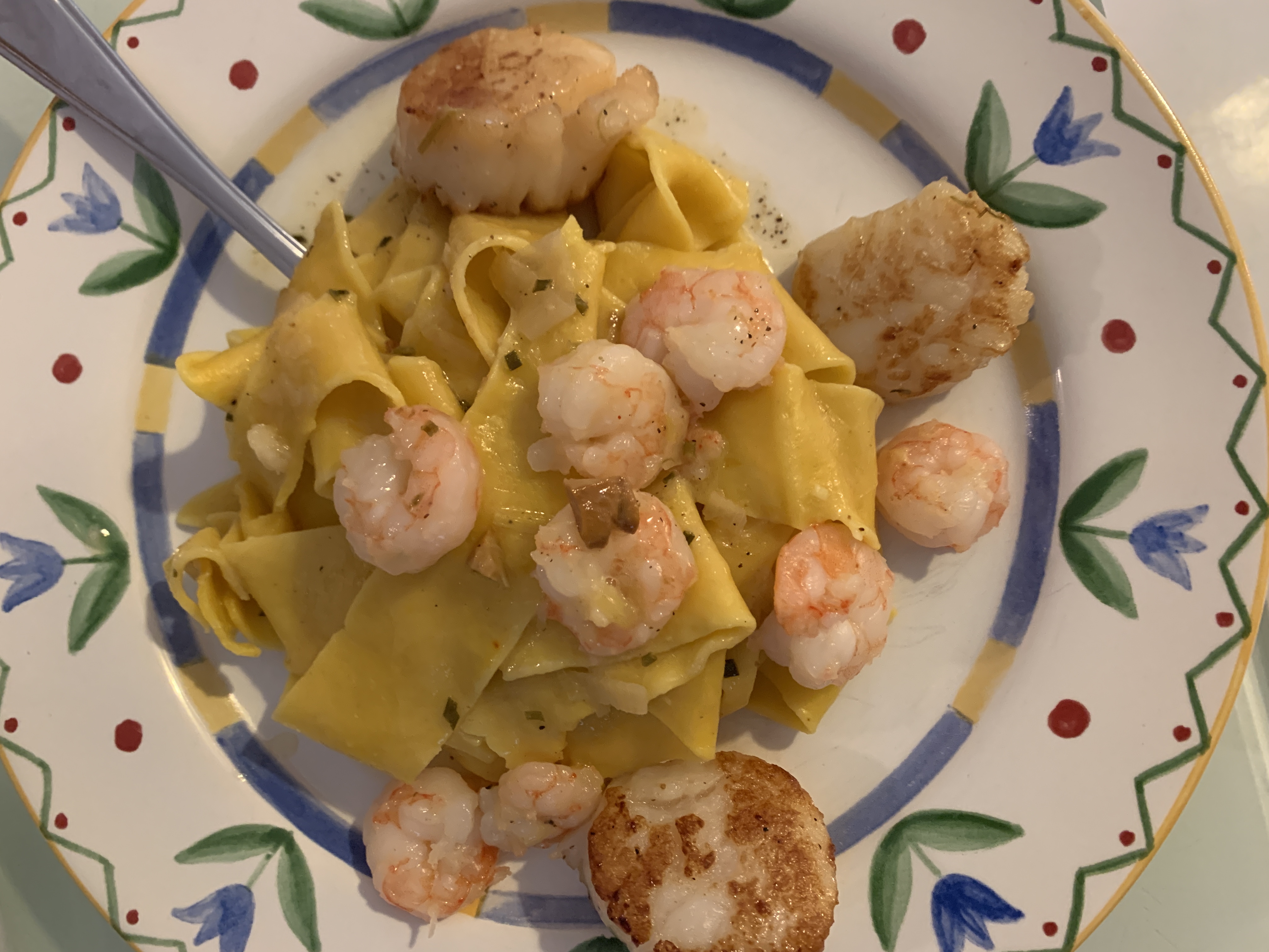 Plate of pasta with shrimp and scallops